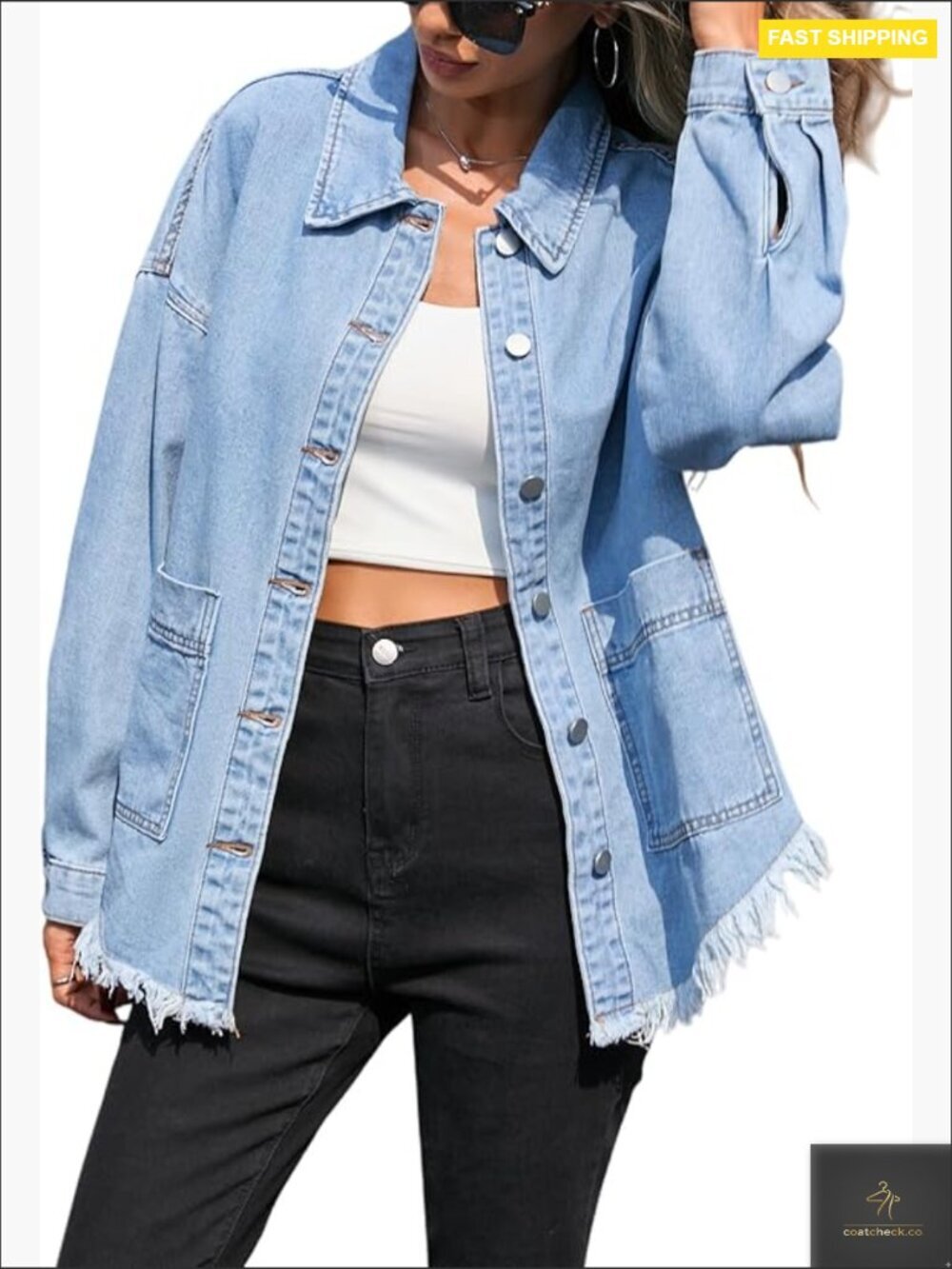 Oversized Denim Shacket Frayed Hem Long Sleeve Button Down Jacket